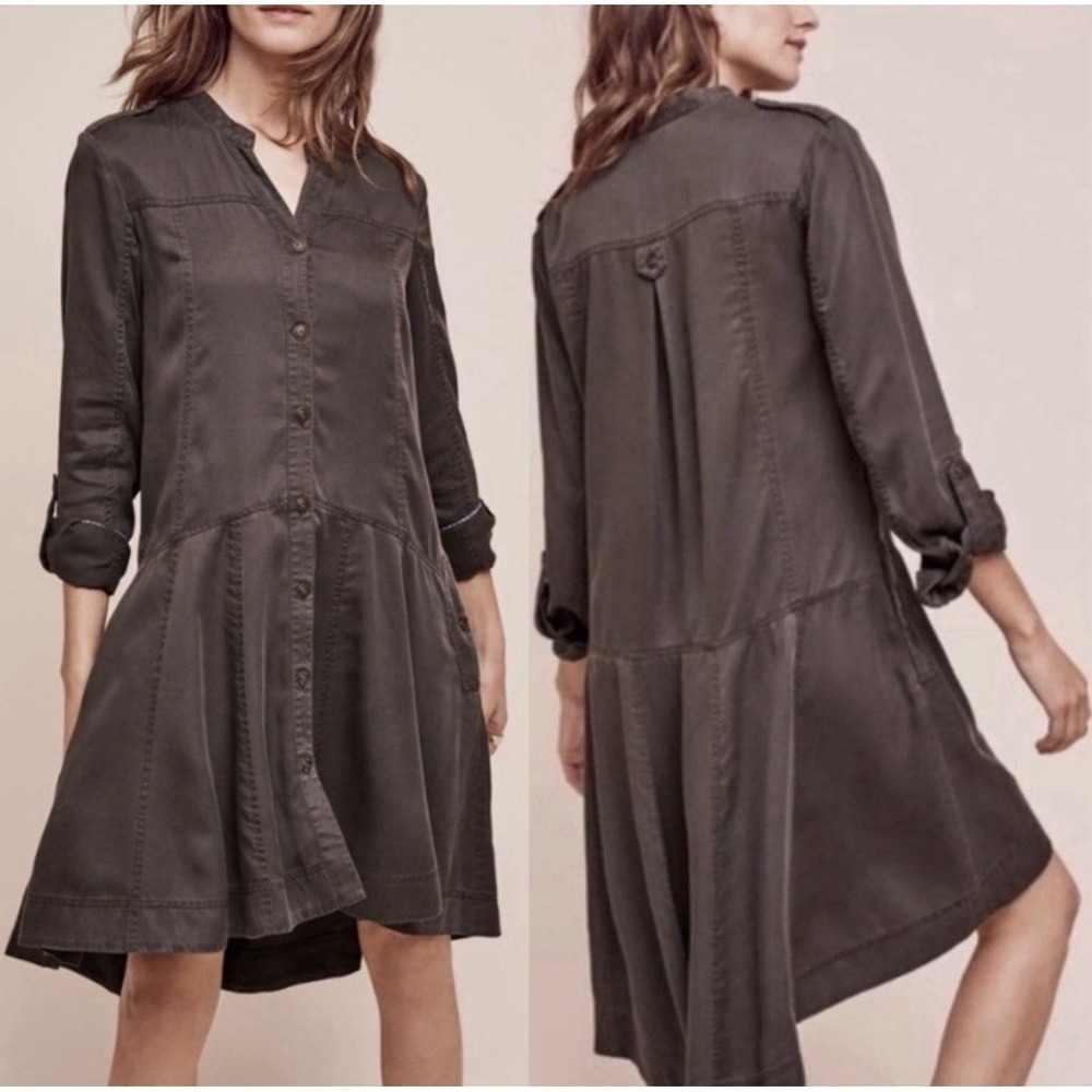 Anthropologie Holding Horses Mariona Shirt Dress Size 12 Gray Lyocell Tencel